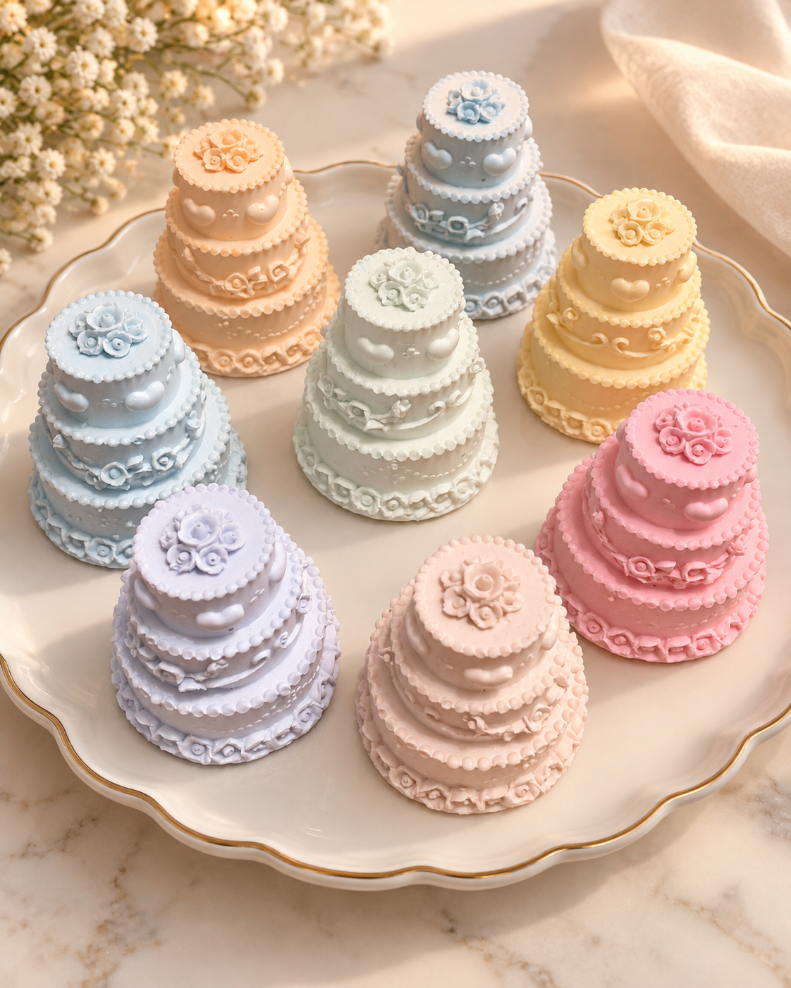 Handgefertigte Mini-Hochzeitstorten aus Spezialgips in Pastellfarben mit Rosen-, Herz- und Perlendesign von Flomati