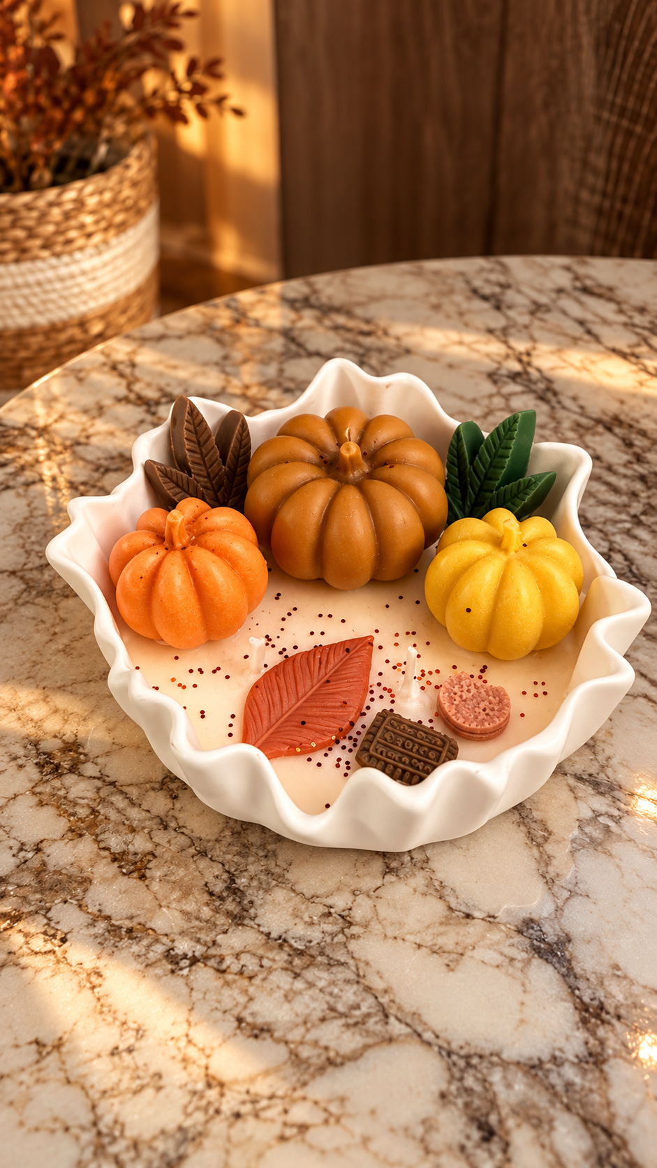 Handgemachte Herbstkerze in weißer Zierschale mit Kürbissen und Blättern | Flomati