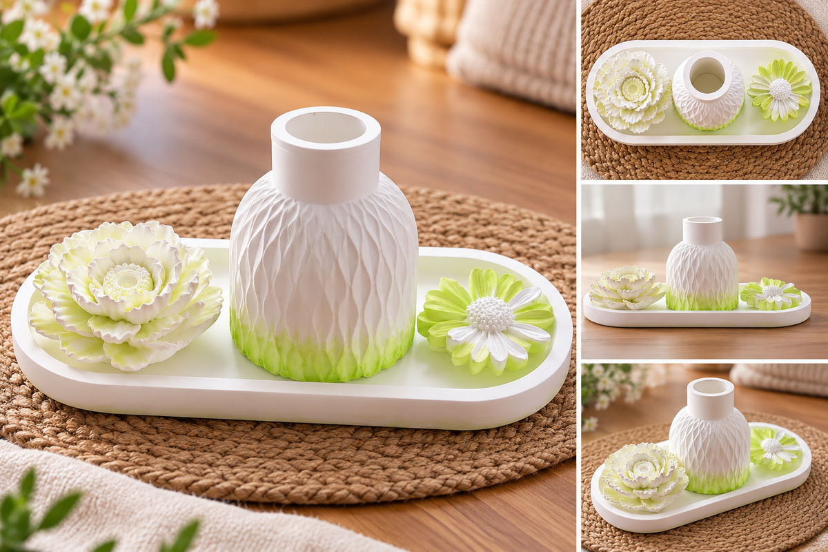 Handgefertigtes Deko-Set aus Spezialgips mit Vase, Blumenornamenten und Tablett von Flomati