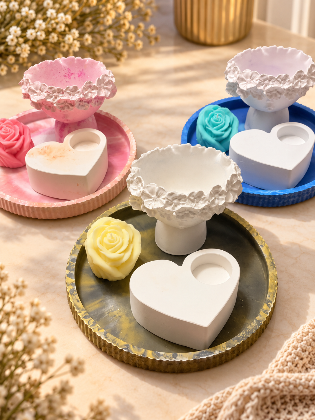 Handgefertigtes 4-teiliges Deko-Set aus Spezialgips in Pastellfarben von Flomati