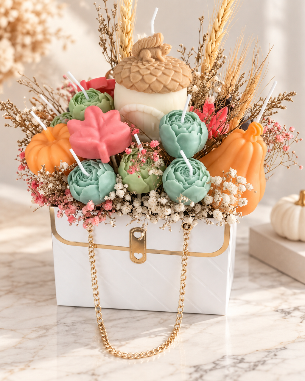 Handgefertigtes herbstliches Kerzenarrangement mit Trockenblumen und Geschenkbox von Flomati