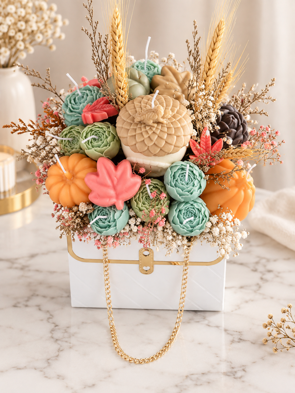 Handgefertigtes herbstliches Kerzenarrangement mit Trockenblumen und Geschenkbox von Flomati