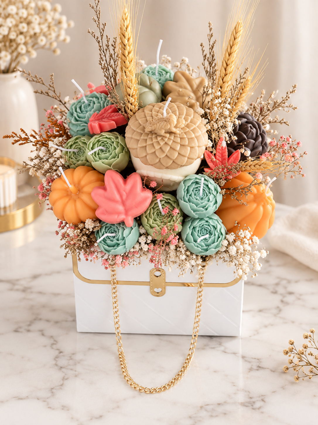 Handgefertigtes herbstliches Kerzenarrangement mit Trockenblumen und Geschenkbox von Flomati