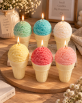 Handgefertigte Eiscreme-Kerzen im Waffelbecher-Design in verschiedenen Pastellfarben von Flomati