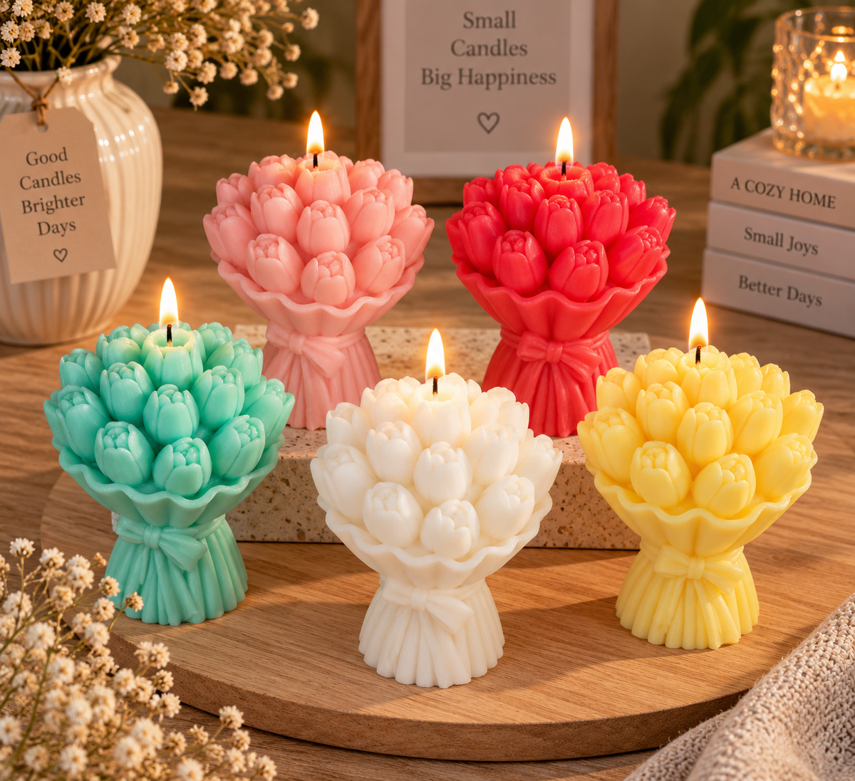 Handgefertigte Tulpenstrauß-Kerzen in verschiedenen Pastellfarben mit Schleife von Flomati