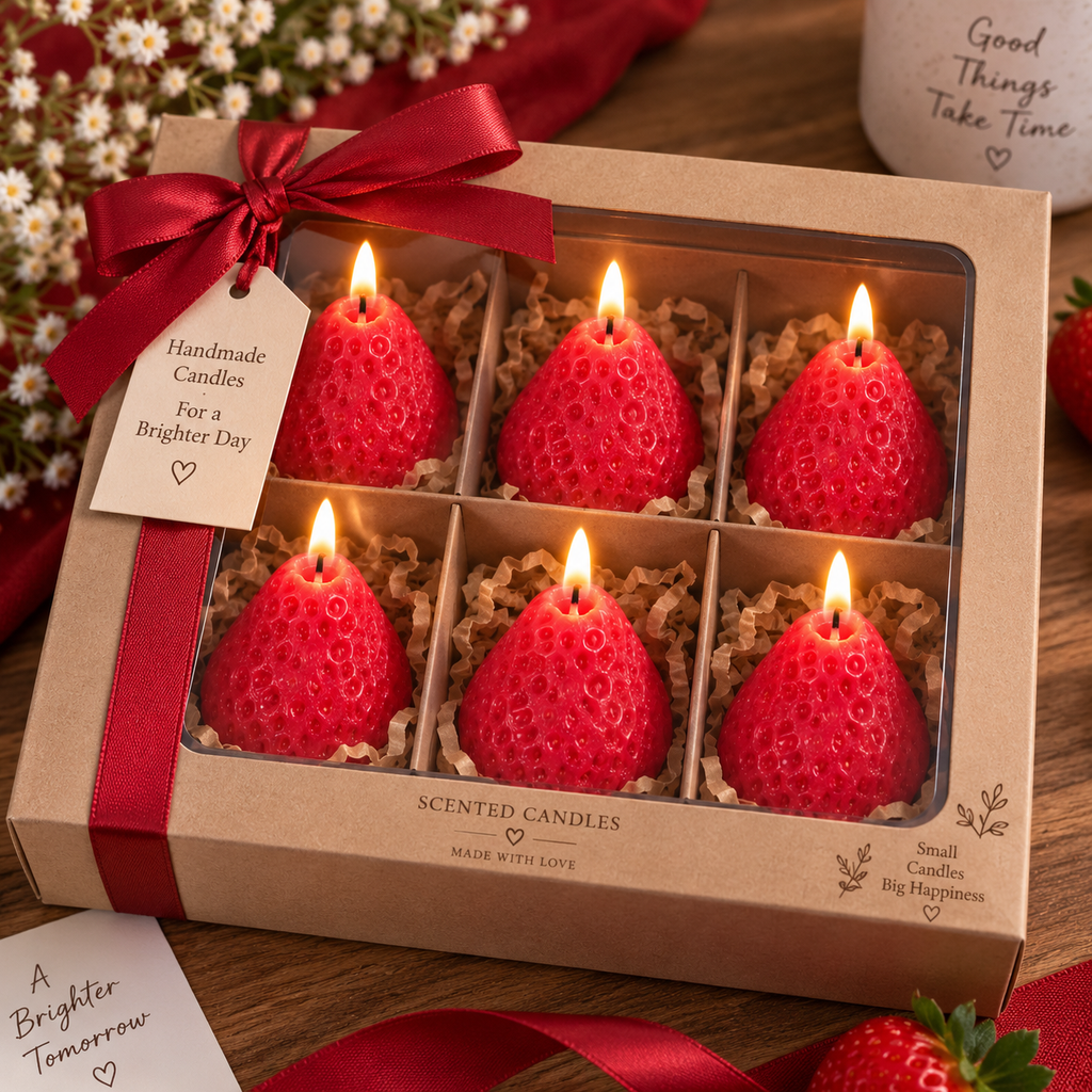 Handgefertigtes 6er-Set Erdbeerkerzen in roter Geschenkbox von Flomati
