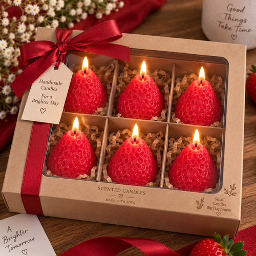 Handgefertigtes 6er-Set Erdbeerkerzen in roter Geschenkbox von Flomati

