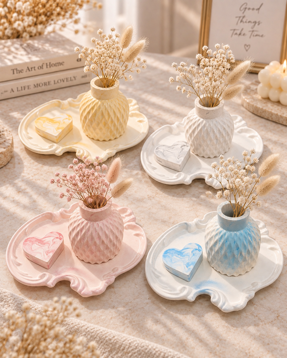 Handgefertigtes Deko-Set aus Spezialgips mit Vase, Tablett und Herzschale in Pastellfarben von Flomati