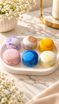 Handgefertigtes 6er-Set Deko-Macarons in verschiedenen Pastellfarben auf dekorativem Tablett | Flomati