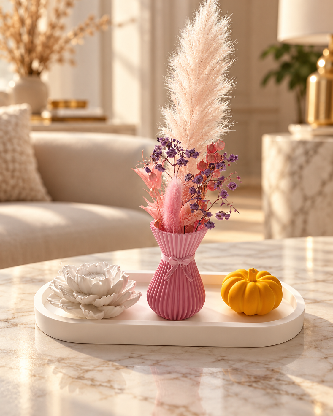 Romantisches handgefertigtes Deko-Set mit rosa Vase, Trockenblumen, weißer Blüte und gelbem Kürbis | Flomati